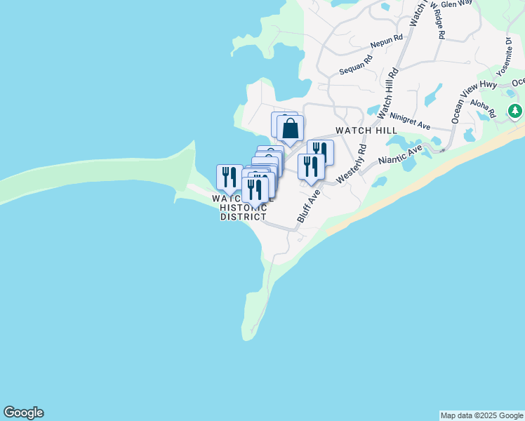map of restaurants, bars, coffee shops, grocery stores, and more near 96 Bay Street in Westerly