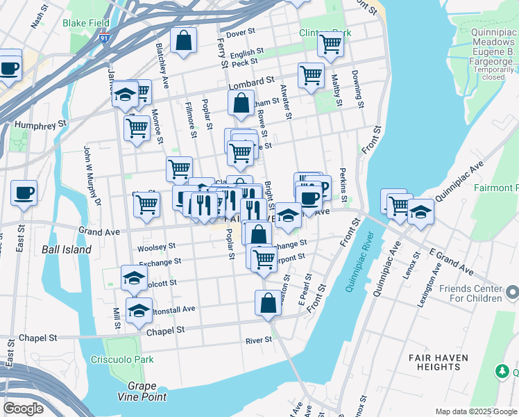 map of restaurants, bars, coffee shops, grocery stores, and more near 373 Ferry Street in New Haven