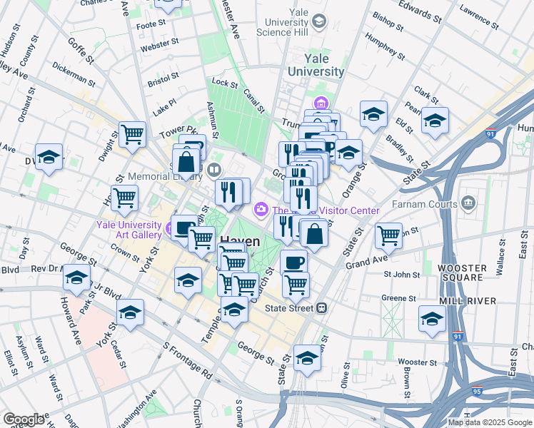 map of restaurants, bars, coffee shops, grocery stores, and more near 80 Wall Street in New Haven