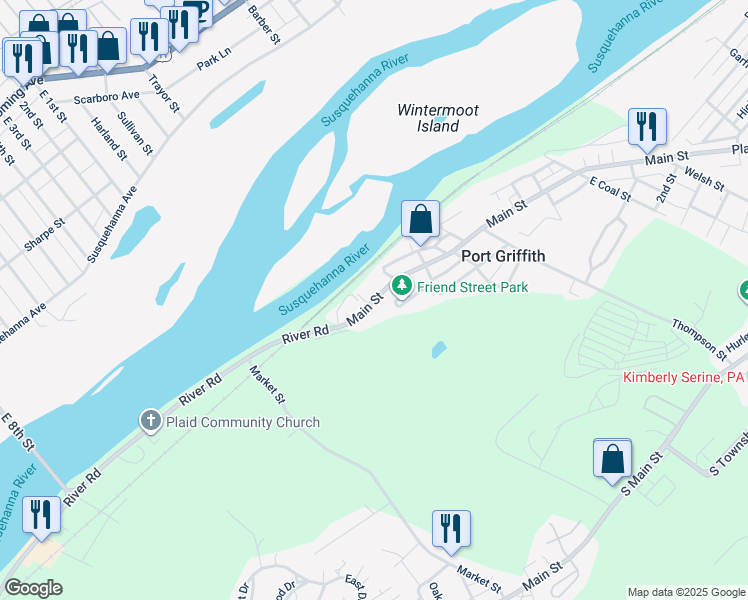 map of restaurants, bars, coffee shops, grocery stores, and more near 1376 Main Street in Pittston