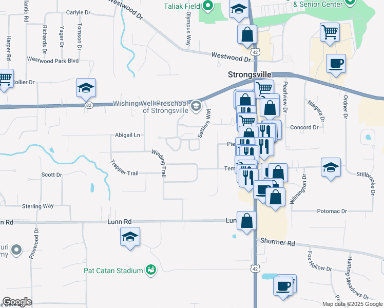 map of restaurants, bars, coffee shops, grocery stores, and more near 14441 Settlers Way in Strongsville