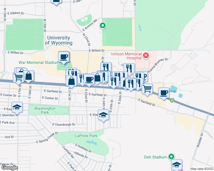 map of restaurants, bars, coffee shops, grocery stores, and more near 2405 C Grand Avenue in Laramie