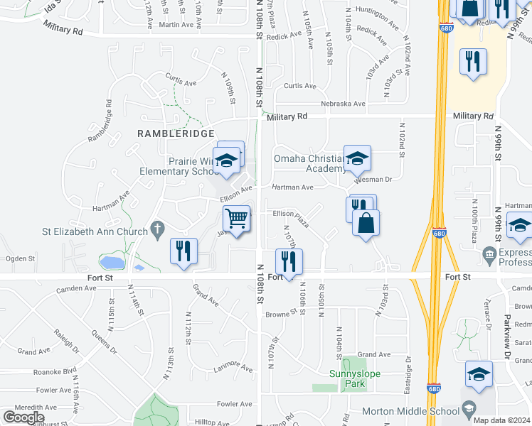 map of restaurants, bars, coffee shops, grocery stores, and more near 10726 Ellison Plaza in Omaha
