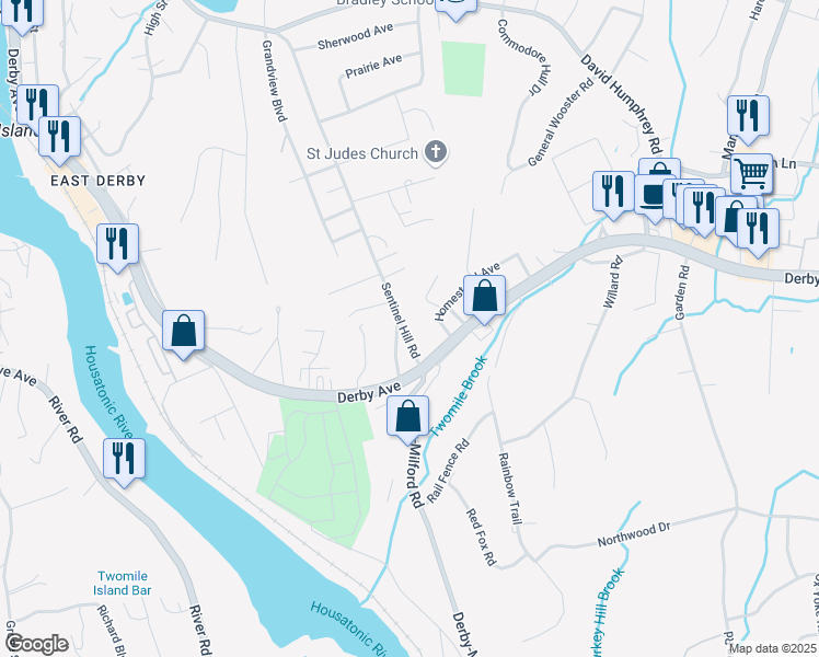 map of restaurants, bars, coffee shops, grocery stores, and more near 41 Sentinel Hill Road in Derby