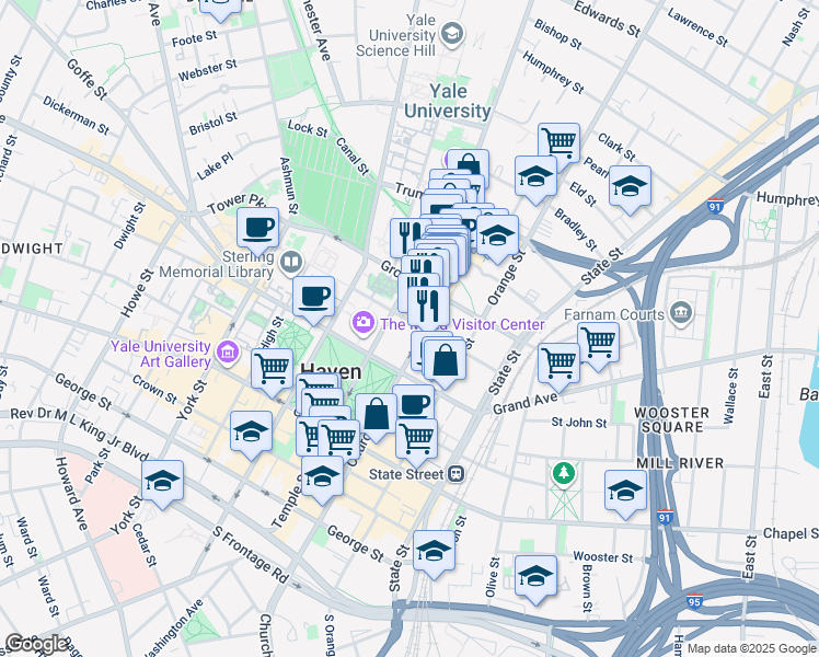 map of restaurants, bars, coffee shops, grocery stores, and more near 234 Church Street in New Haven