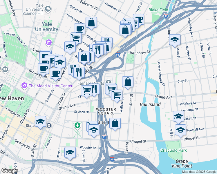 map of restaurants, bars, coffee shops, grocery stores, and more near 210 Hamilton Street in New Haven