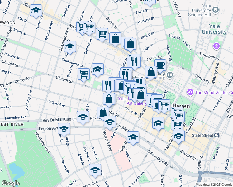 map of restaurants, bars, coffee shops, grocery stores, and more near 1245 Chapel Street in New Haven