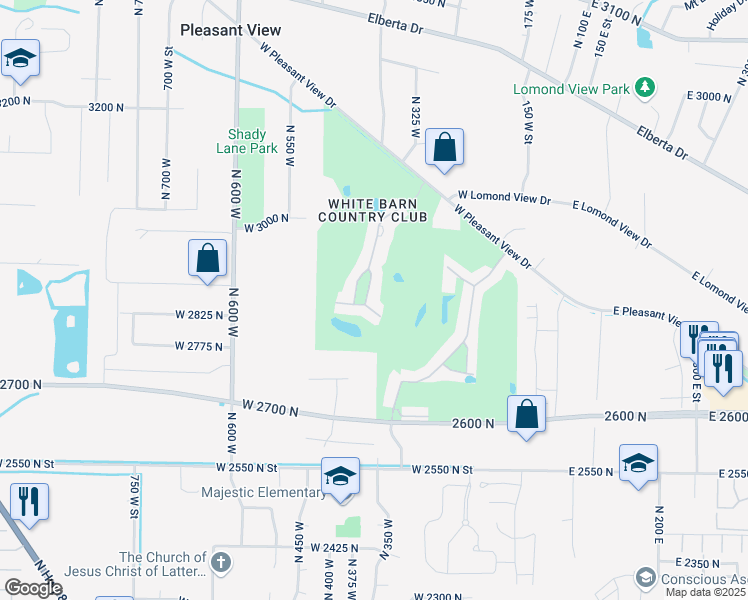 map of restaurants, bars, coffee shops, grocery stores, and more near 69 White Barn Drive in Ogden