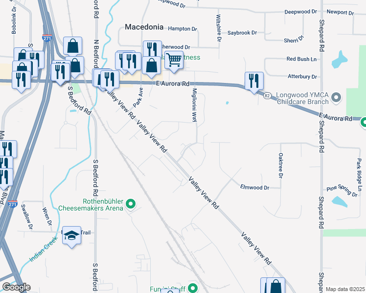 map of restaurants, bars, coffee shops, grocery stores, and more near 960 Migliorini Way in Macedonia
