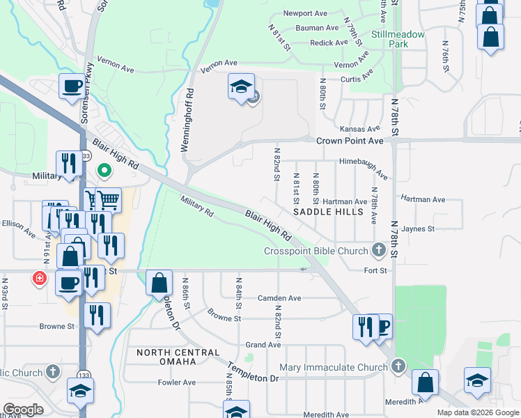 map of restaurants, bars, coffee shops, grocery stores, and more near 5510 North 83rd Street in Omaha