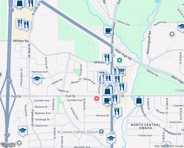 map of restaurants, bars, coffee shops, grocery stores, and more near 9174 Himebaugh Avenue in Omaha