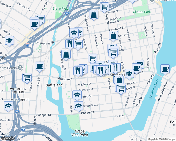 map of restaurants, bars, coffee shops, grocery stores, and more near 272 Lloyd Street in New Haven