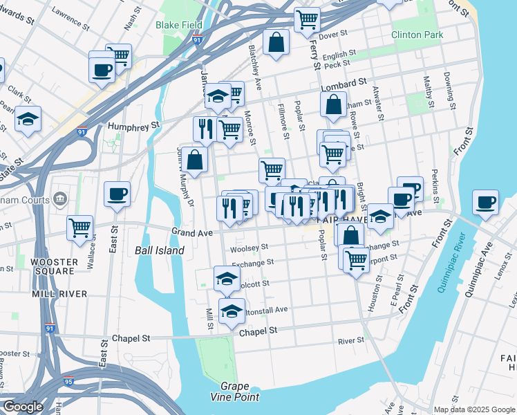 map of restaurants, bars, coffee shops, grocery stores, and more near 272 Lloyd Street in New Haven