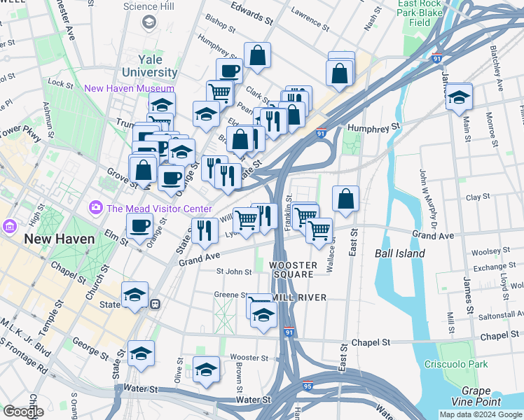 map of restaurants, bars, coffee shops, grocery stores, and more near 33 William Street in New Haven