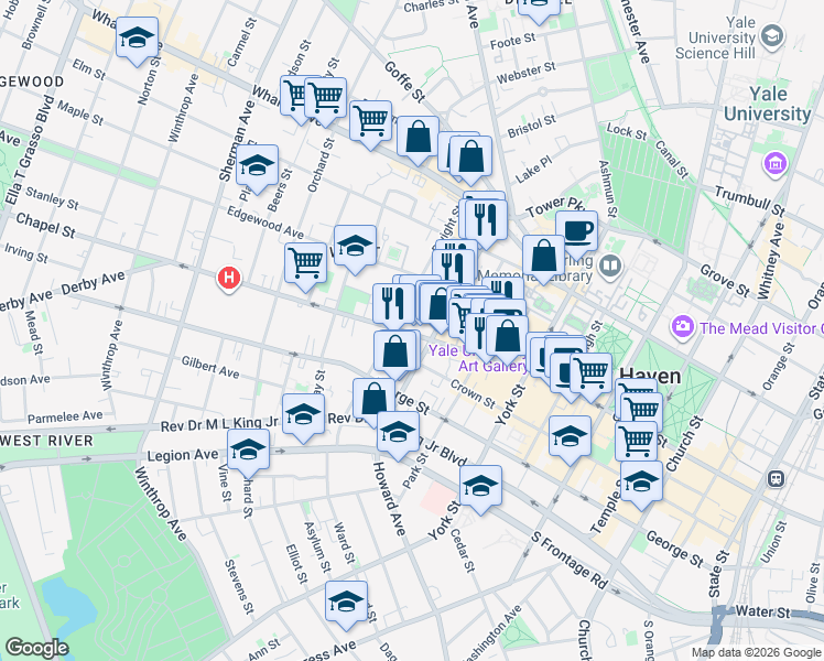 map of restaurants, bars, coffee shops, grocery stores, and more near 1245 Chapel Street in New Haven