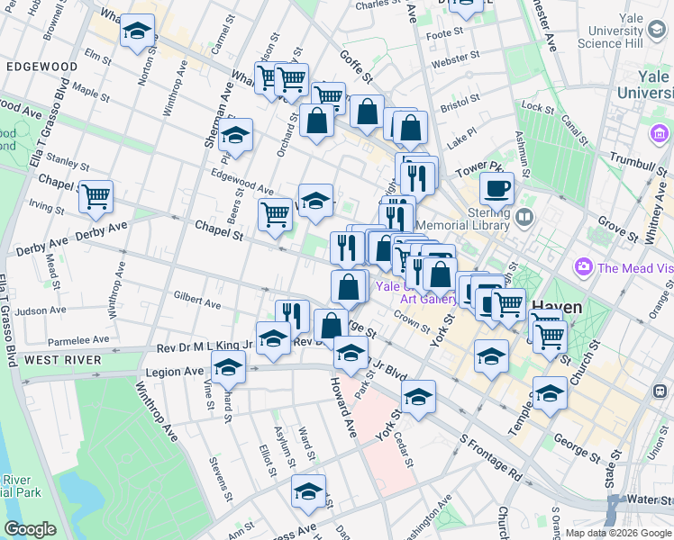 map of restaurants, bars, coffee shops, grocery stores, and more near 1281 Chapel Street in New Haven