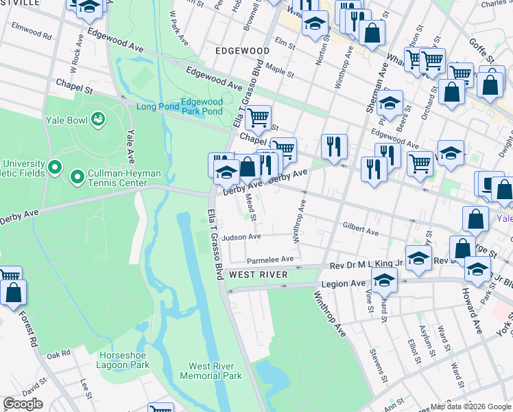map of restaurants, bars, coffee shops, grocery stores, and more near 63 Mead Street in New Haven