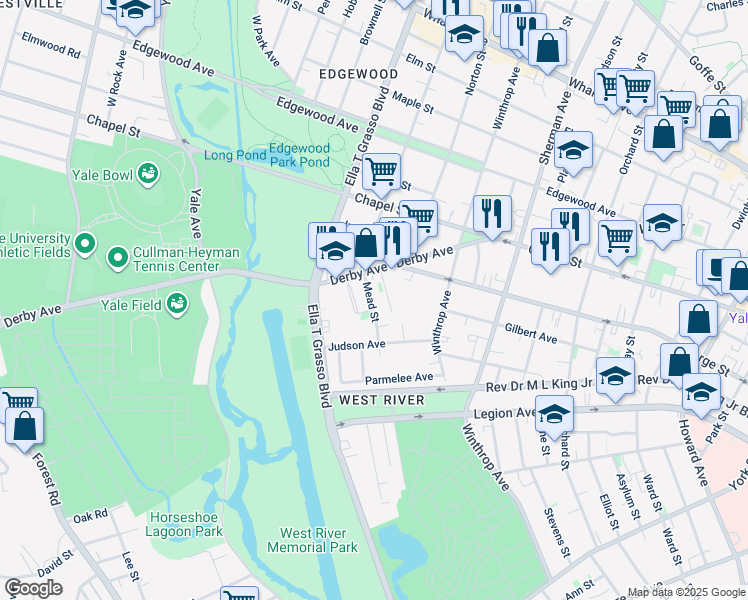 map of restaurants, bars, coffee shops, grocery stores, and more near 63 Mead Street in New Haven