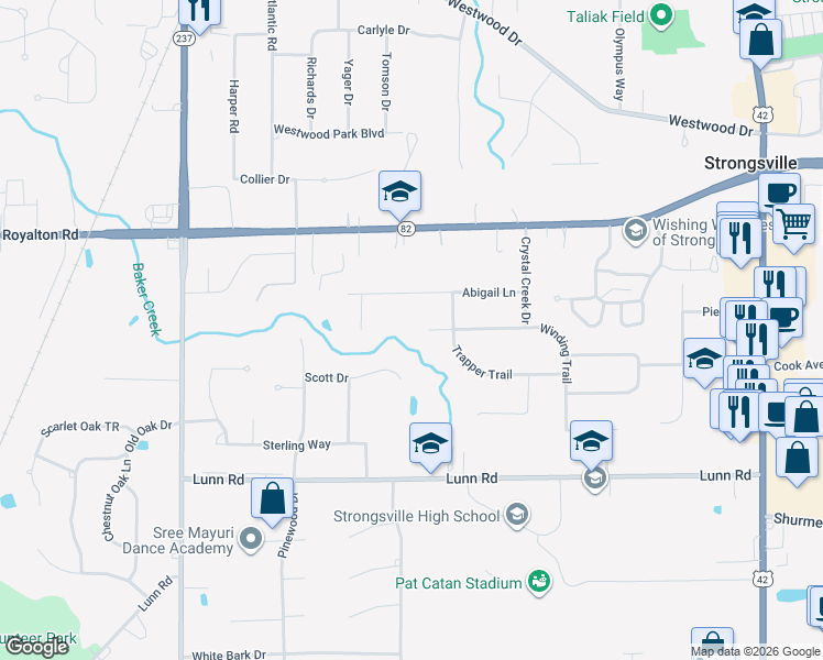 map of restaurants, bars, coffee shops, grocery stores, and more near 20232 Winding Trail in Strongsville