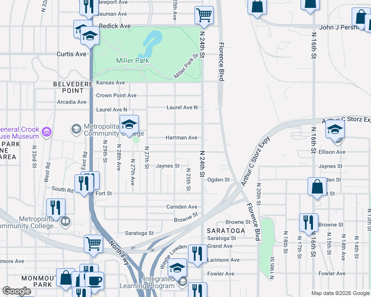 map of restaurants, bars, coffee shops, grocery stores, and more near 2449 Hartman Avenue in Omaha