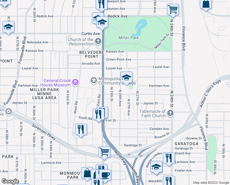 map of restaurants, bars, coffee shops, grocery stores, and more near 5621 North 29th Street in Omaha