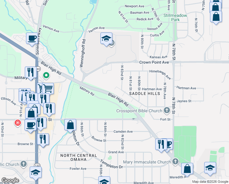 map of restaurants, bars, coffee shops, grocery stores, and more near 5510 North 83rd Street in Omaha