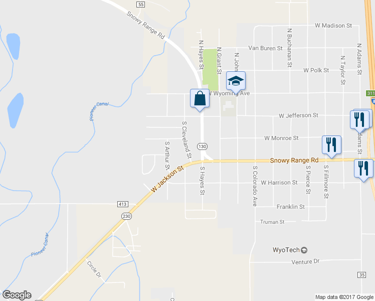 map of restaurants, bars, coffee shops, grocery stores, and more near South Cleveland Street in Laramie