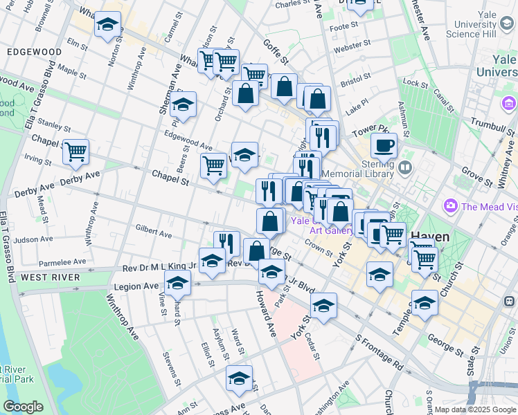 map of restaurants, bars, coffee shops, grocery stores, and more near 136 Dwight Street in New Haven