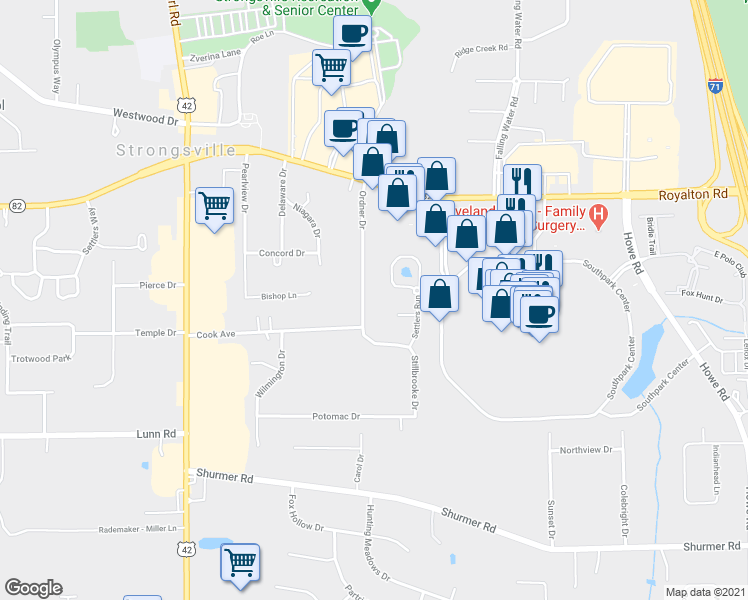 map of restaurants, bars, coffee shops, grocery stores, and more near 14497 Ordner Drive in Strongsville