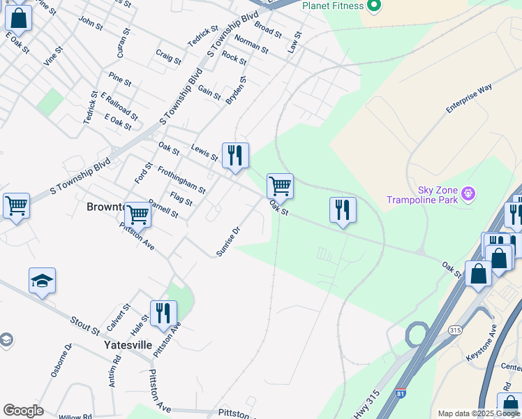 map of restaurants, bars, coffee shops, grocery stores, and more near 991 Sunrise Dr in Pittston