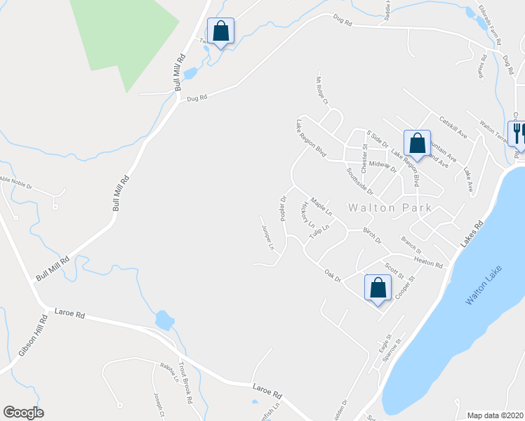 map of restaurants, bars, coffee shops, grocery stores, and more near 36 Juniper Lane in Monroe