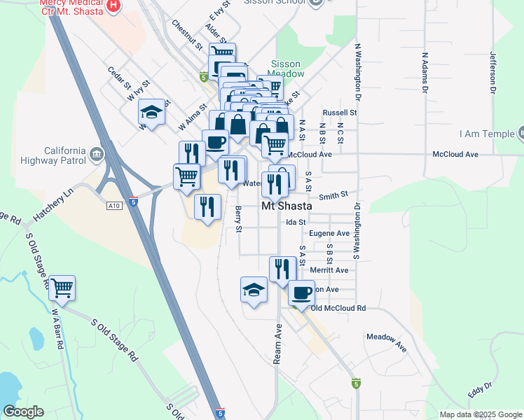 map of restaurants, bars, coffee shops, grocery stores, and more near 109 High Street in Mount Shasta