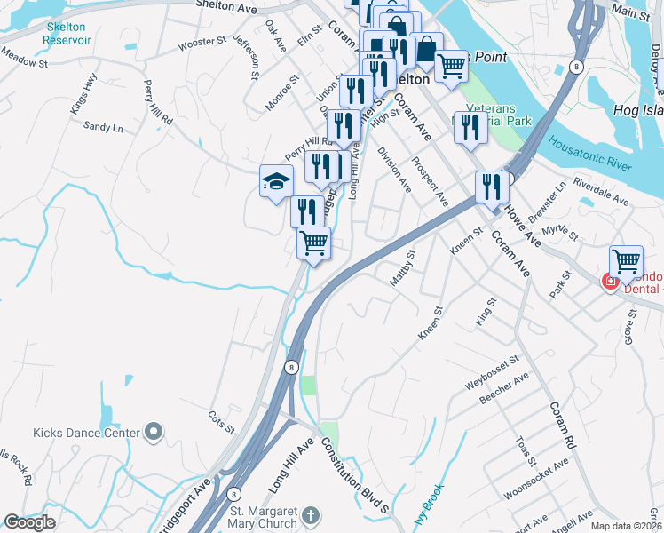 map of restaurants, bars, coffee shops, grocery stores, and more near 137 Long Hill Avenue in Shelton
