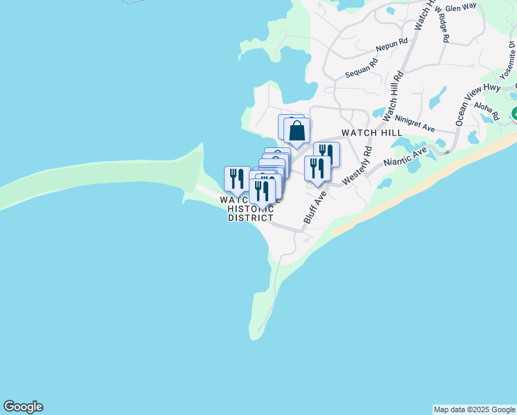 map of restaurants, bars, coffee shops, grocery stores, and more near 1 Fort Road in Westerly