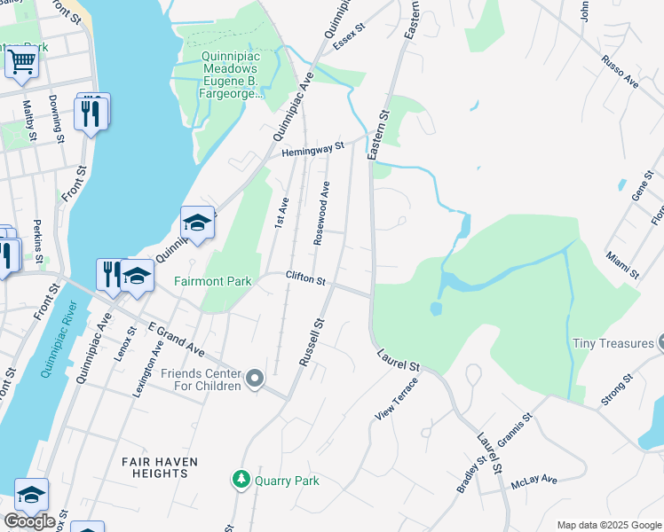 map of restaurants, bars, coffee shops, grocery stores, and more near 55 Rosewood Avenue in New Haven
