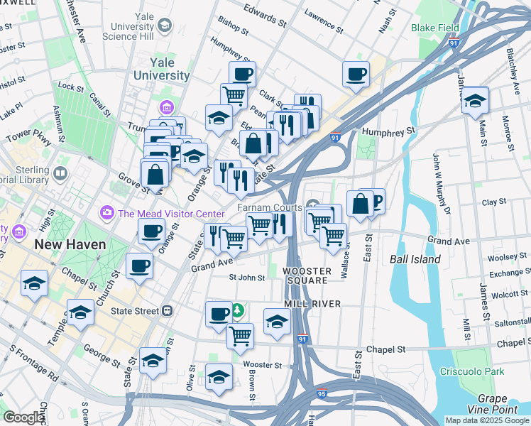 map of restaurants, bars, coffee shops, grocery stores, and more near 73 William Street in New Haven