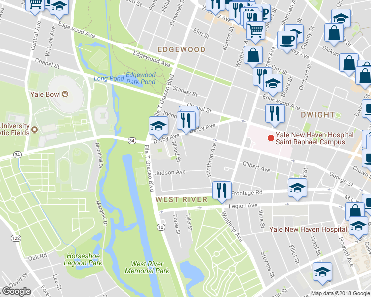 map of restaurants, bars, coffee shops, grocery stores, and more near 790 George Street in New Haven