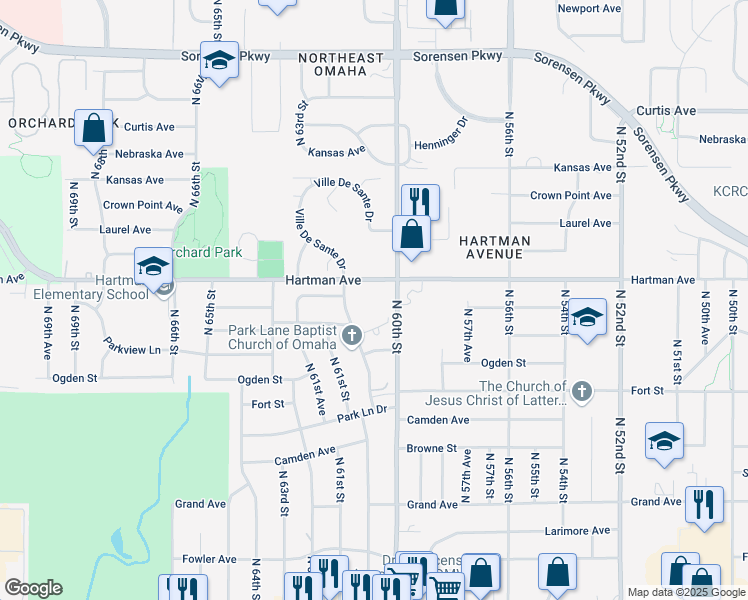map of restaurants, bars, coffee shops, grocery stores, and more near 6000 Hartman Avenue in Omaha