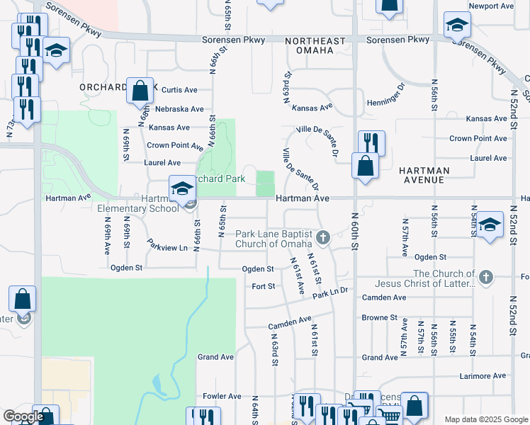 map of restaurants, bars, coffee shops, grocery stores, and more near 6317 Hartman Avenue in Omaha