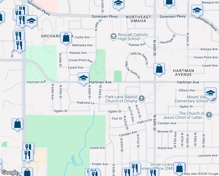 map of restaurants, bars, coffee shops, grocery stores, and more near 6425 Hartman Avenue in Omaha