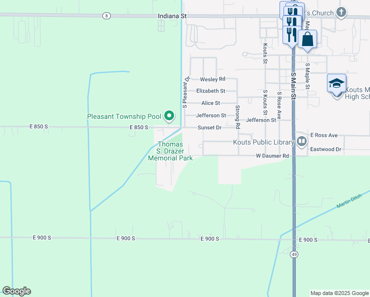 map of restaurants, bars, coffee shops, grocery stores, and more near 1000-1098 South Diana Drive in Kouts