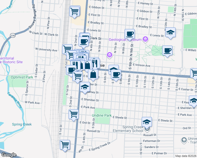 map of restaurants, bars, coffee shops, grocery stores, and more near 501 East Garfield Street in Laramie