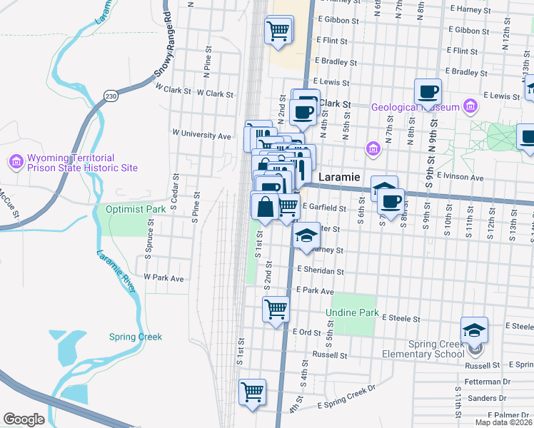 map of restaurants, bars, coffee shops, grocery stores, and more near 201 East Custer Street in Laramie