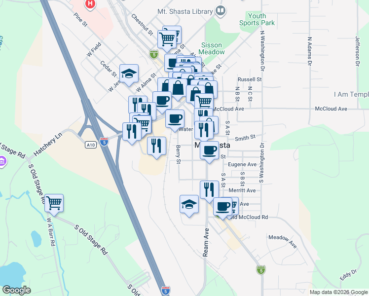 map of restaurants, bars, coffee shops, grocery stores, and more near 206 High Street in Mount Shasta
