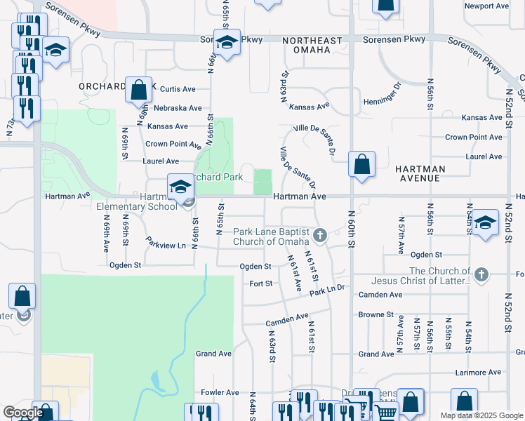 map of restaurants, bars, coffee shops, grocery stores, and more near 6317 Hartman Avenue in Omaha