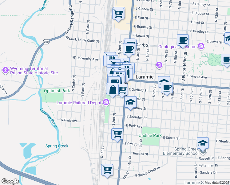 map of restaurants, bars, coffee shops, grocery stores, and more near 410 S 2nd St in Laramie
