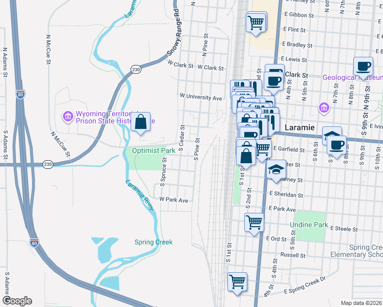 map of restaurants, bars, coffee shops, grocery stores, and more near 404 South Pine Street in Laramie