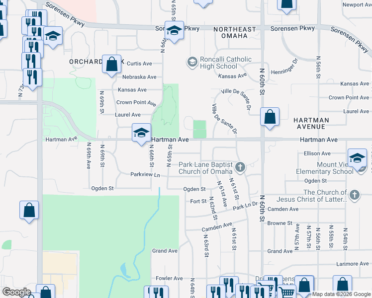 map of restaurants, bars, coffee shops, grocery stores, and more near 6317 Hartman Avenue in Omaha