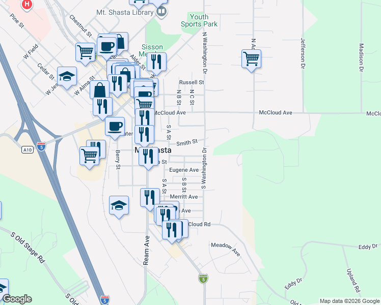 map of restaurants, bars, coffee shops, grocery stores, and more near 306 Gaudenzio Street in Mount Shasta