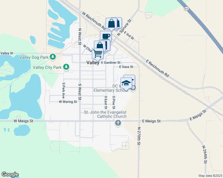 map of restaurants, bars, coffee shops, grocery stores, and more near 402 South Pine Street in Valley